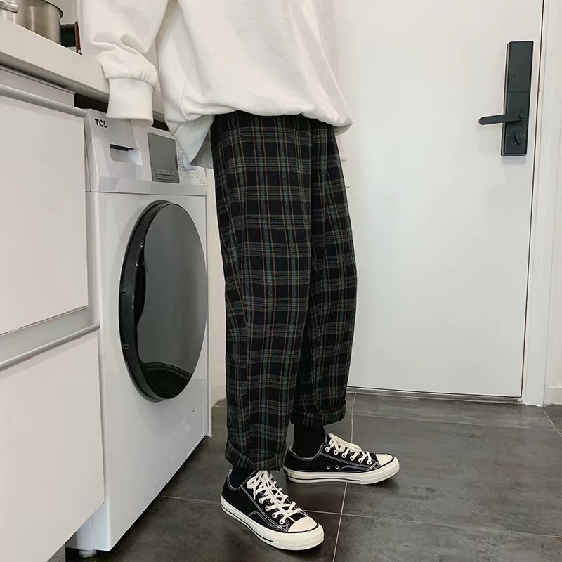 Boys Plaid Casual Pants Korean Style Loose Harem Pants Men