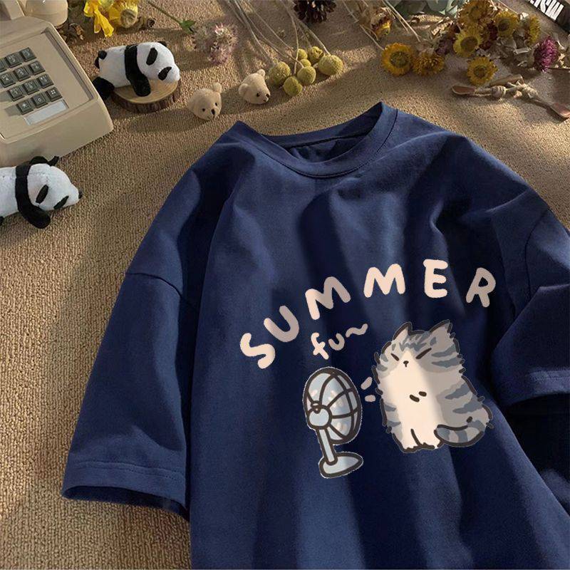 Pure Cotton Cartoon Kitten Print Short Sleeve T-Shirt Men And Women