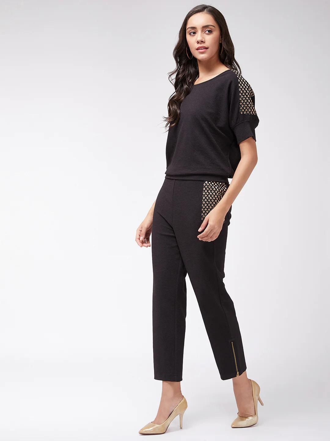 PANNKH Black Solid Loose Top And Jogger Pants With Embellished Patch