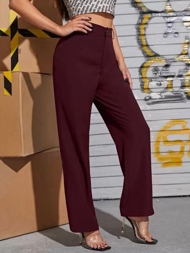 Elegant Maroon Lycra Solid Trousers For Women's