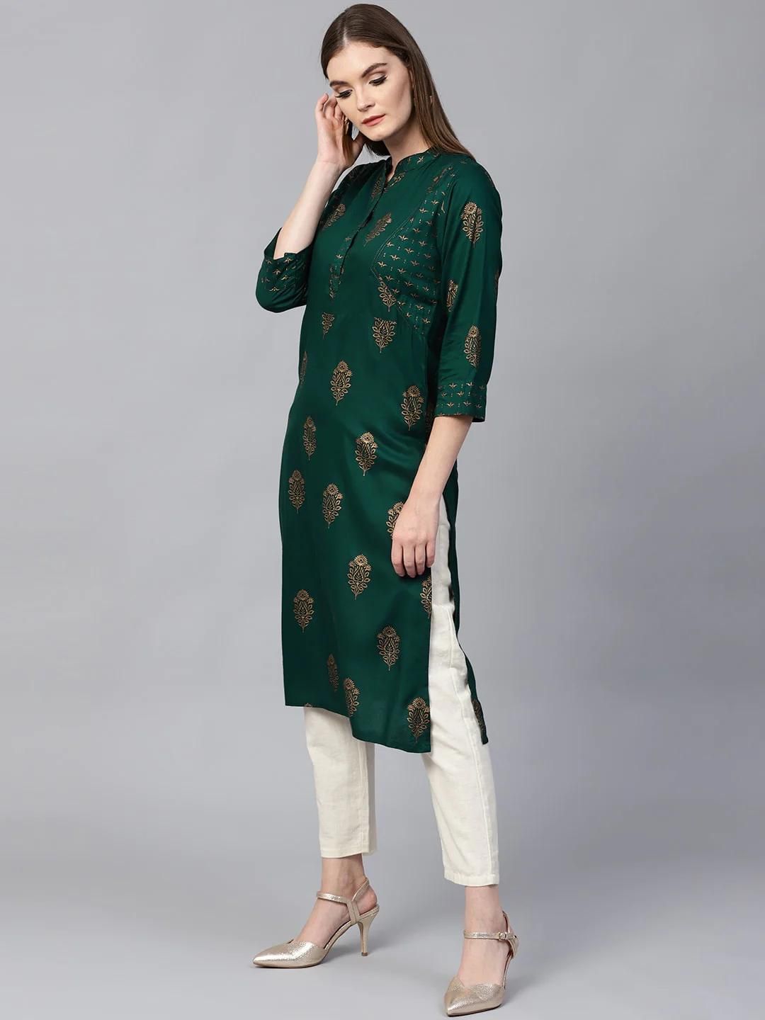 PANNKH Green Golden Print Straight Kurta