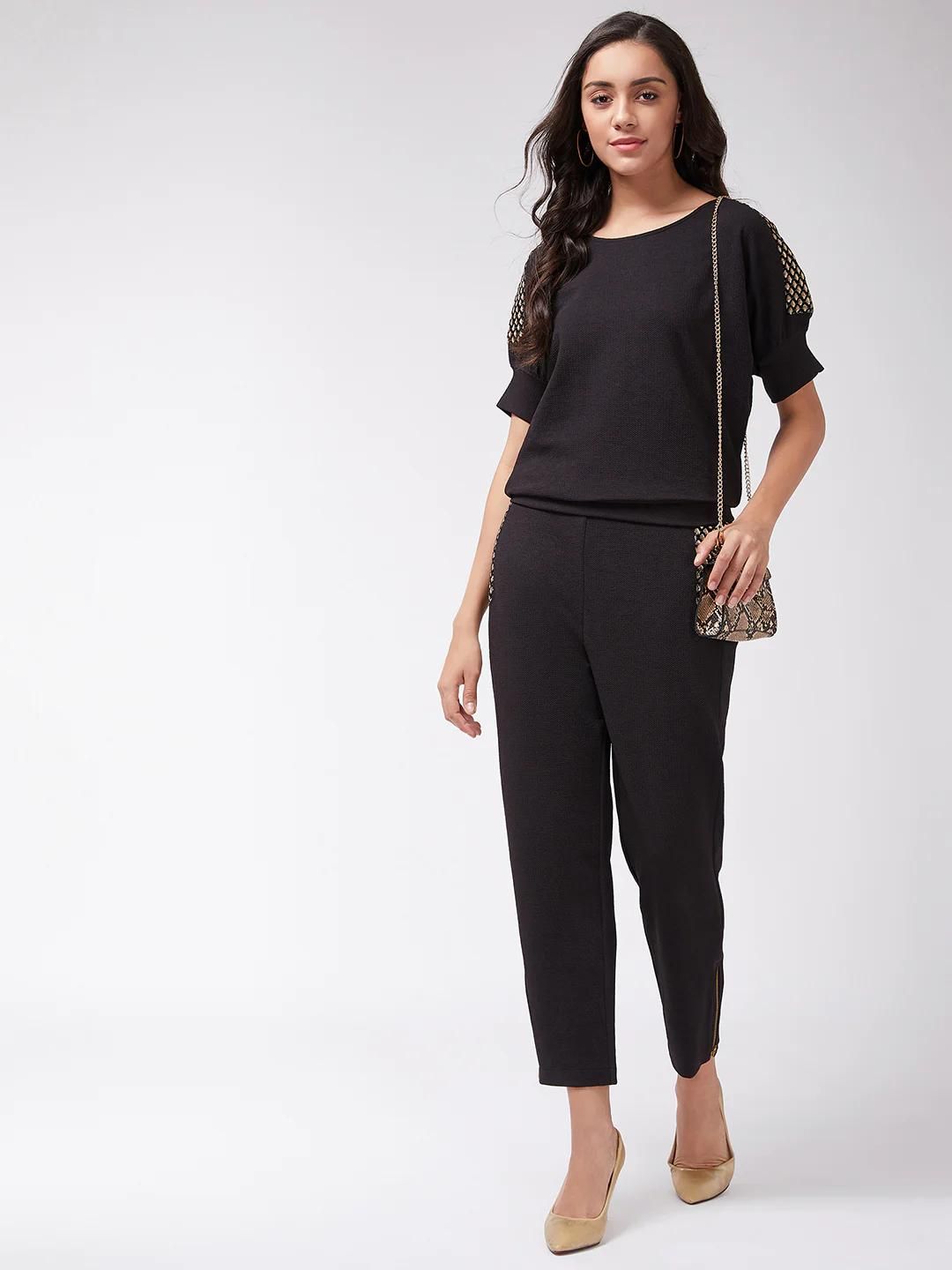 PANNKH Black Solid Loose Top And Jogger Pants With Embellished Patch