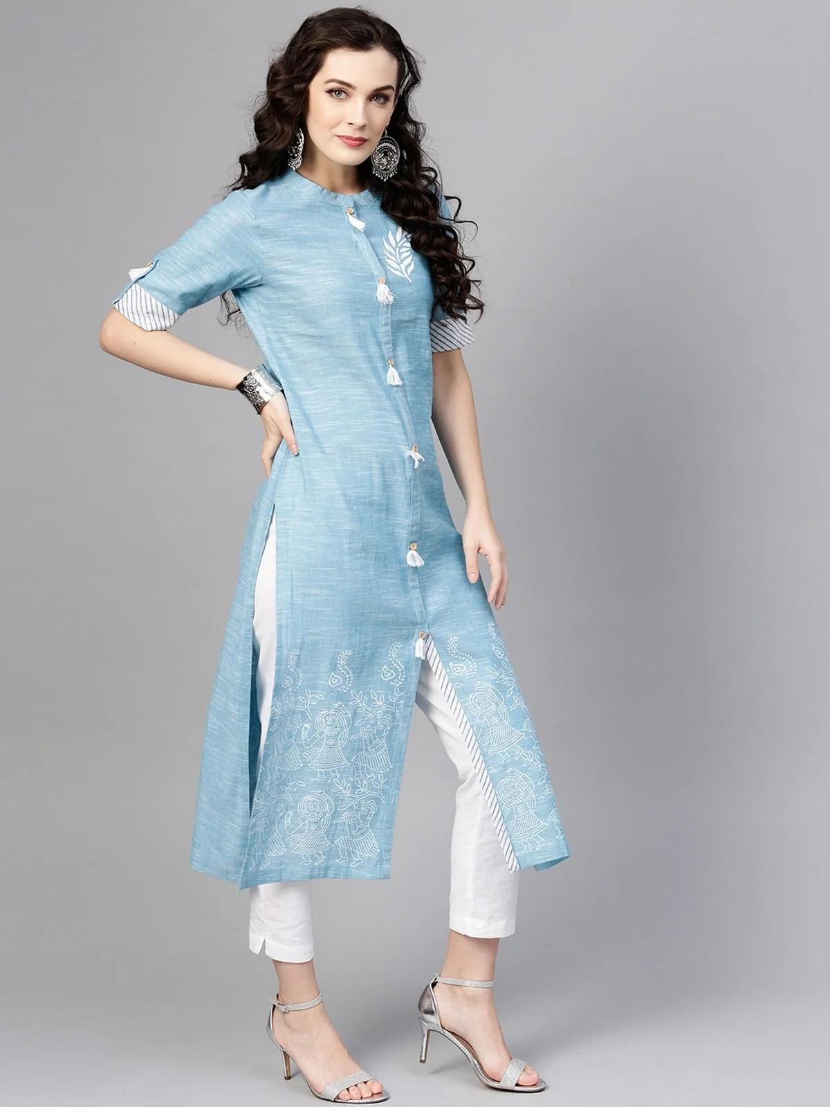 PANNKH Blue Front Tassel Printed Chambray Kurta