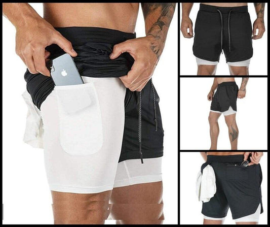 2 in 1 Running Shorts Built in Base Layer Pants Pocket