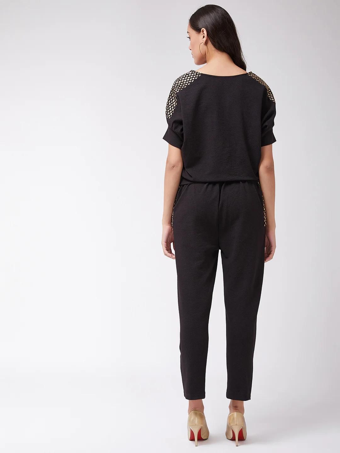 PANNKH Black Solid Loose Top And Jogger Pants With Embellished Patch