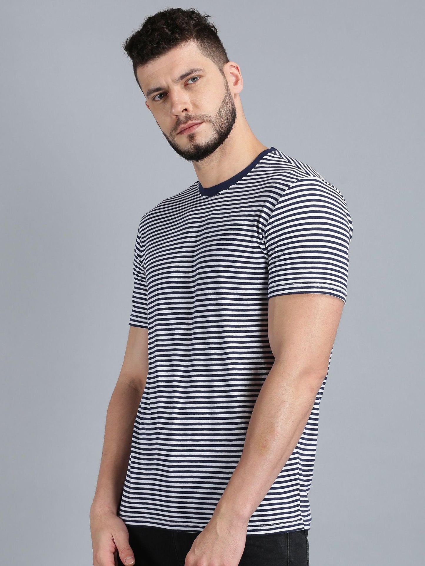 UrGear Cotton Stripes Half Sleeves Round Neck Mens T-Shirt