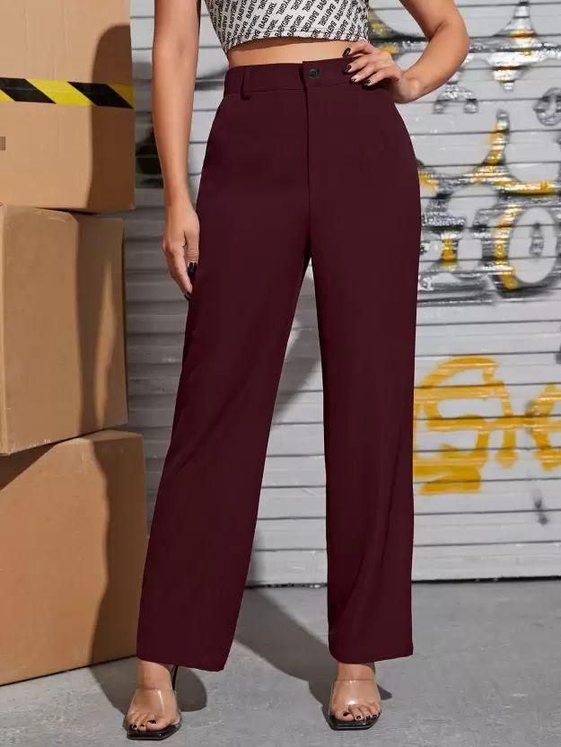 Elegant Maroon Lycra Solid Trousers For Women's