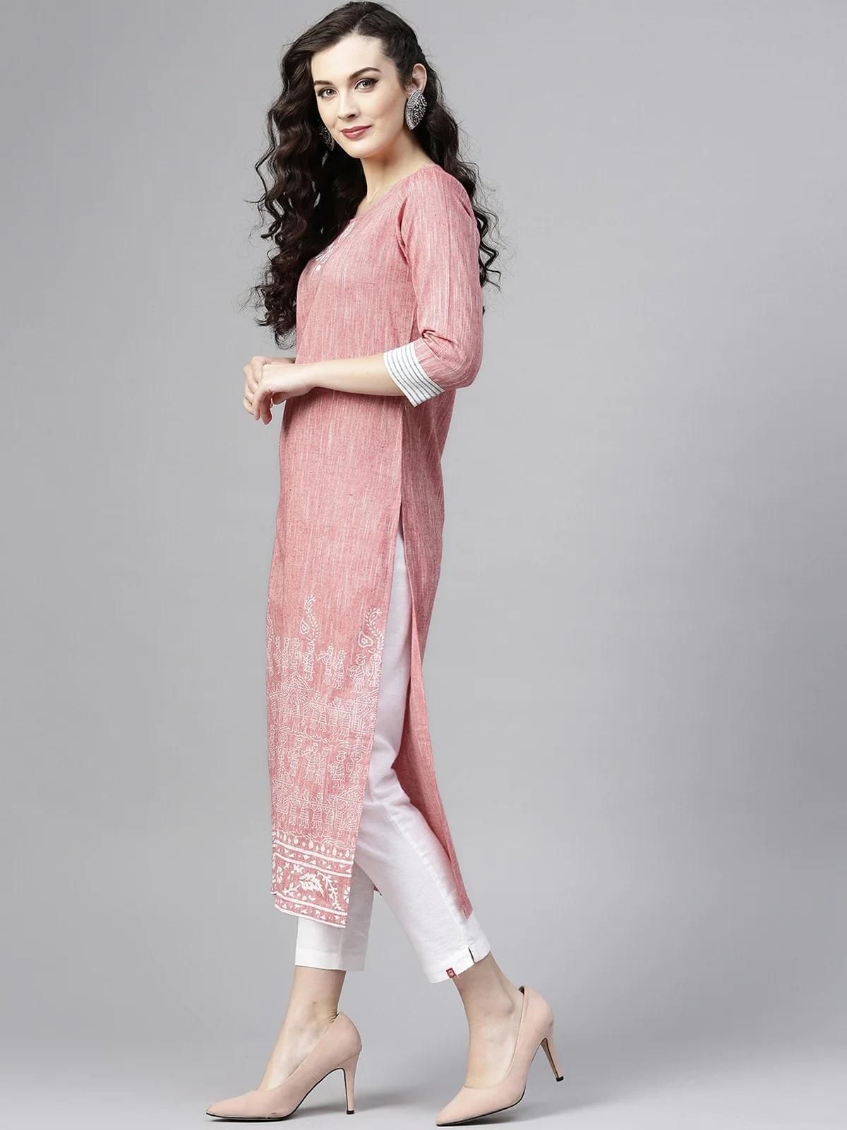 PANNKH Pink Madhubani Block Printed Chambray Kurta