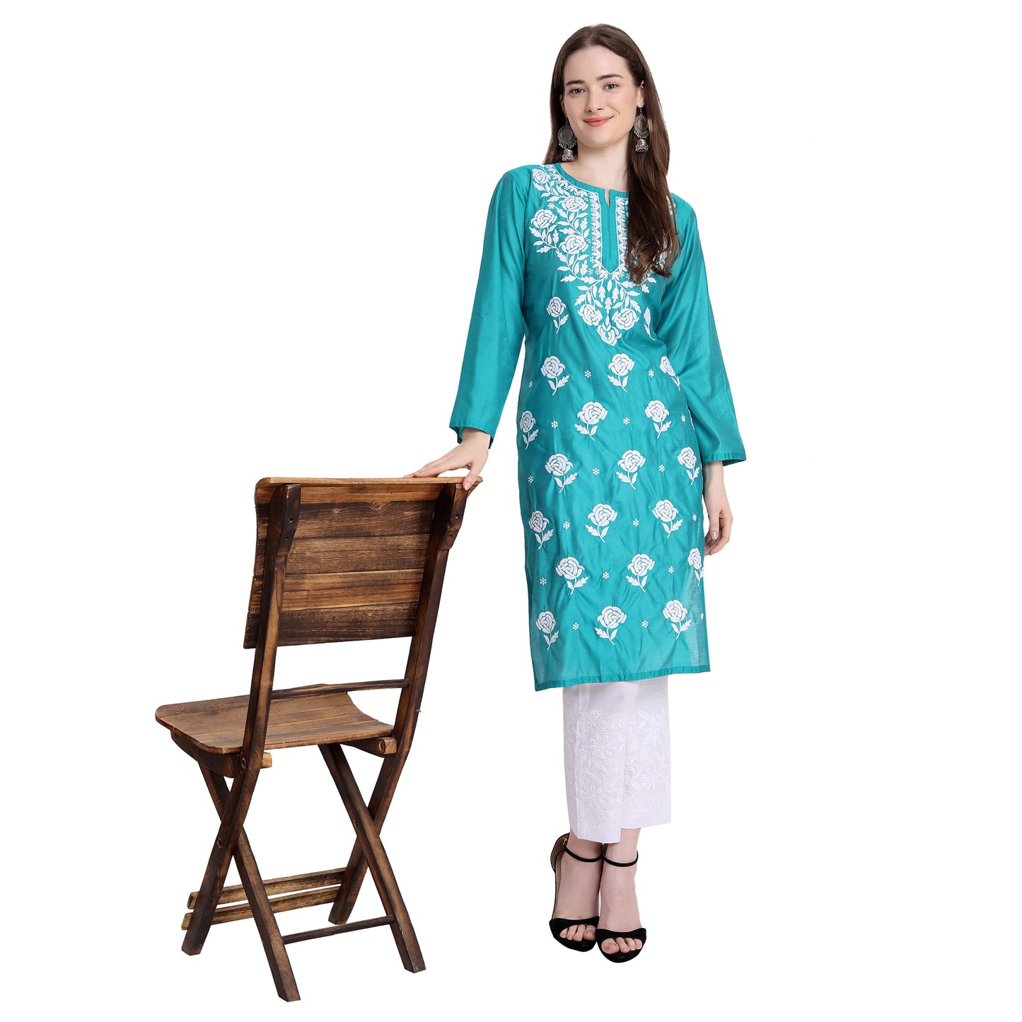 Women Chikankari Chanderi Silk Straght Kurti