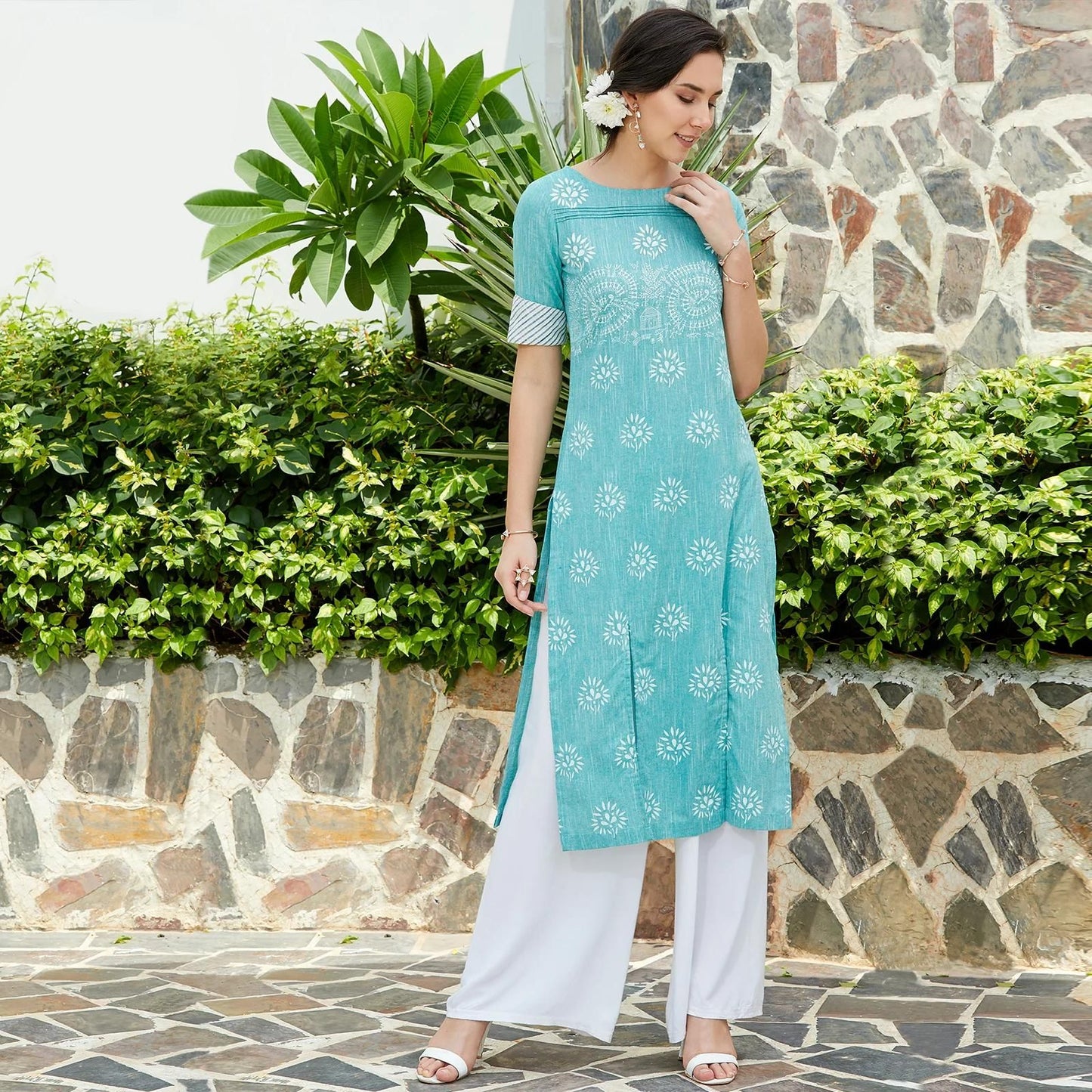 PANNKH Green Pintucks Printed Chambray Kurta