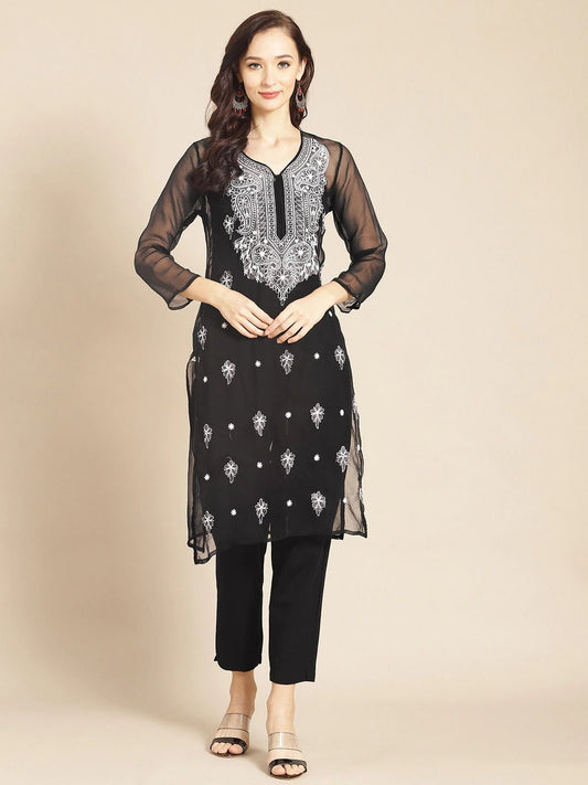 Women Lucknowi Chikankari  Straight Georgette Kurta