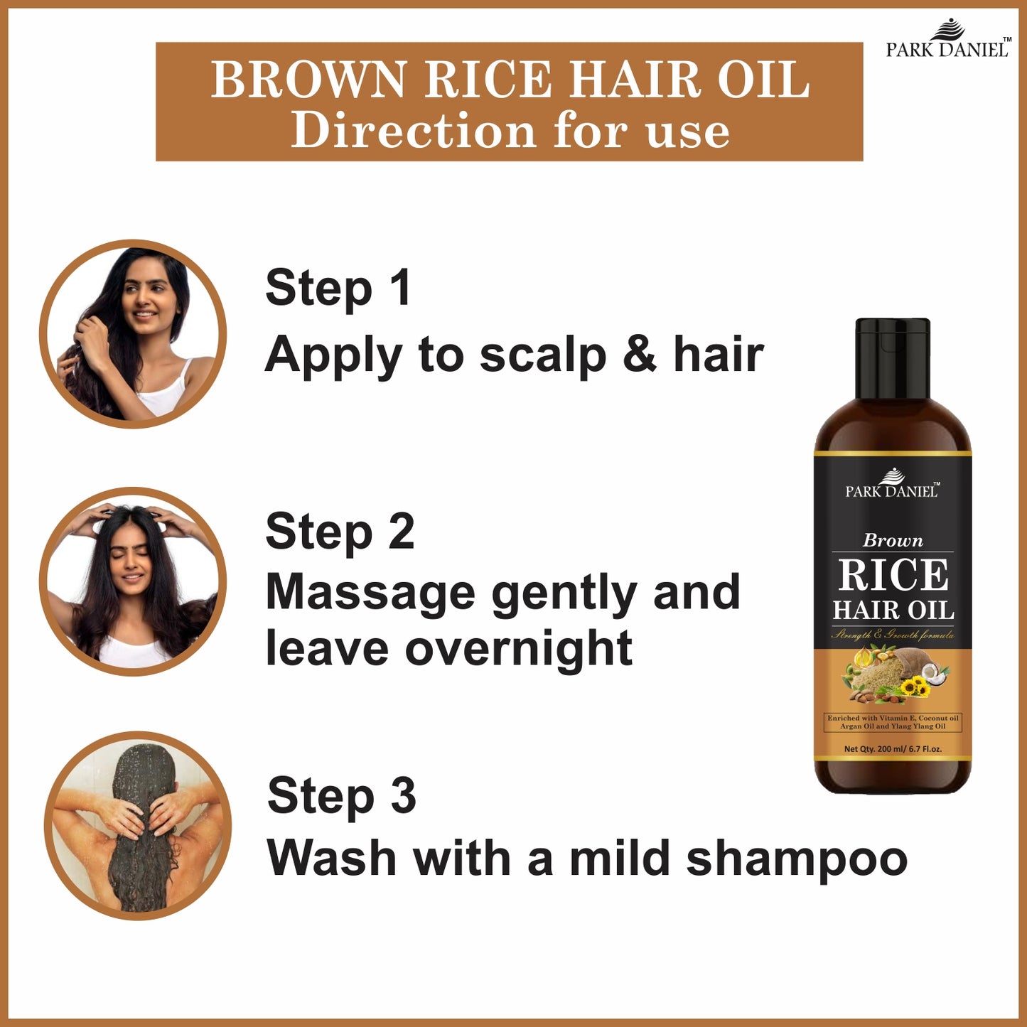 Park Daniel Premium Brown Rice Hair Oil Enriched With Vitamin E - For Strength and Hair Growth Combo Pack 2 Bottle of 200 ml(400 ml)