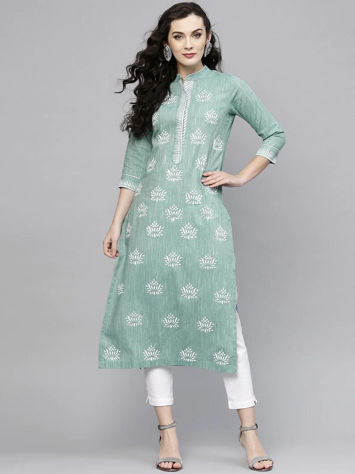 PANNKH Green Lotus Printed Chambray Kurta