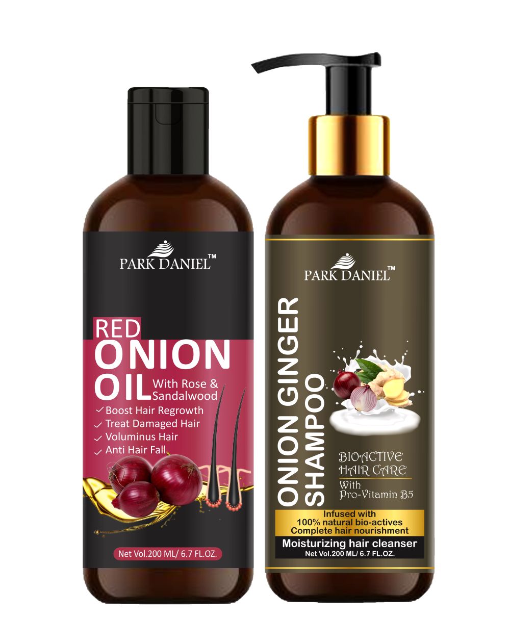 Park Daniel Pure and Natural Red Onion Oil & Onion Ginger Shampoo Hair Care Combo Pack Of 2 bottle of 200 ml(400 ml)