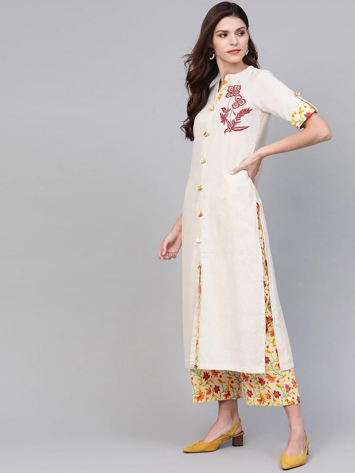 PANNKH Embroidered Beige Kurta With Palazzo Set