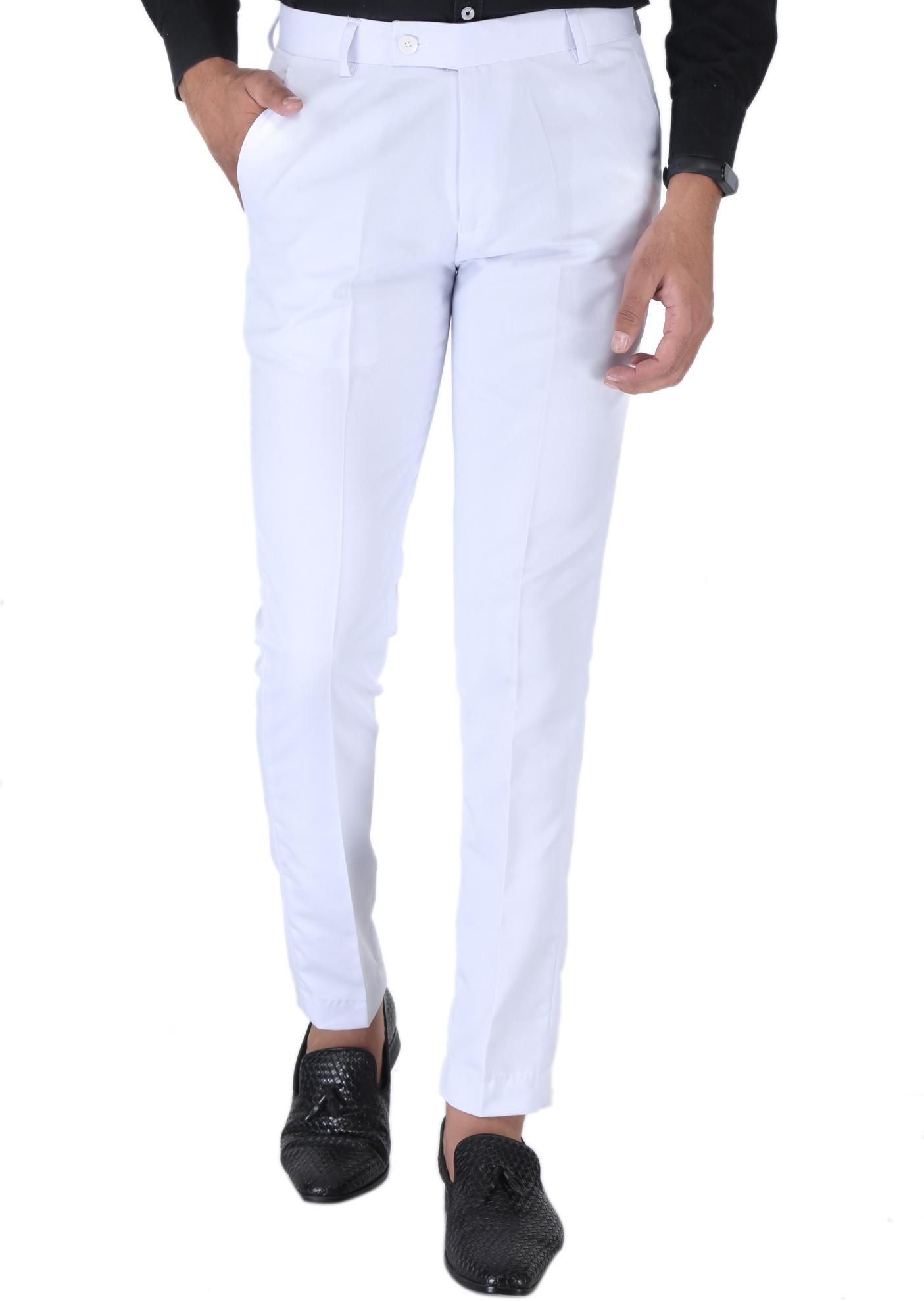 SREY Men Slim Fit White Ployester Blend Trousers