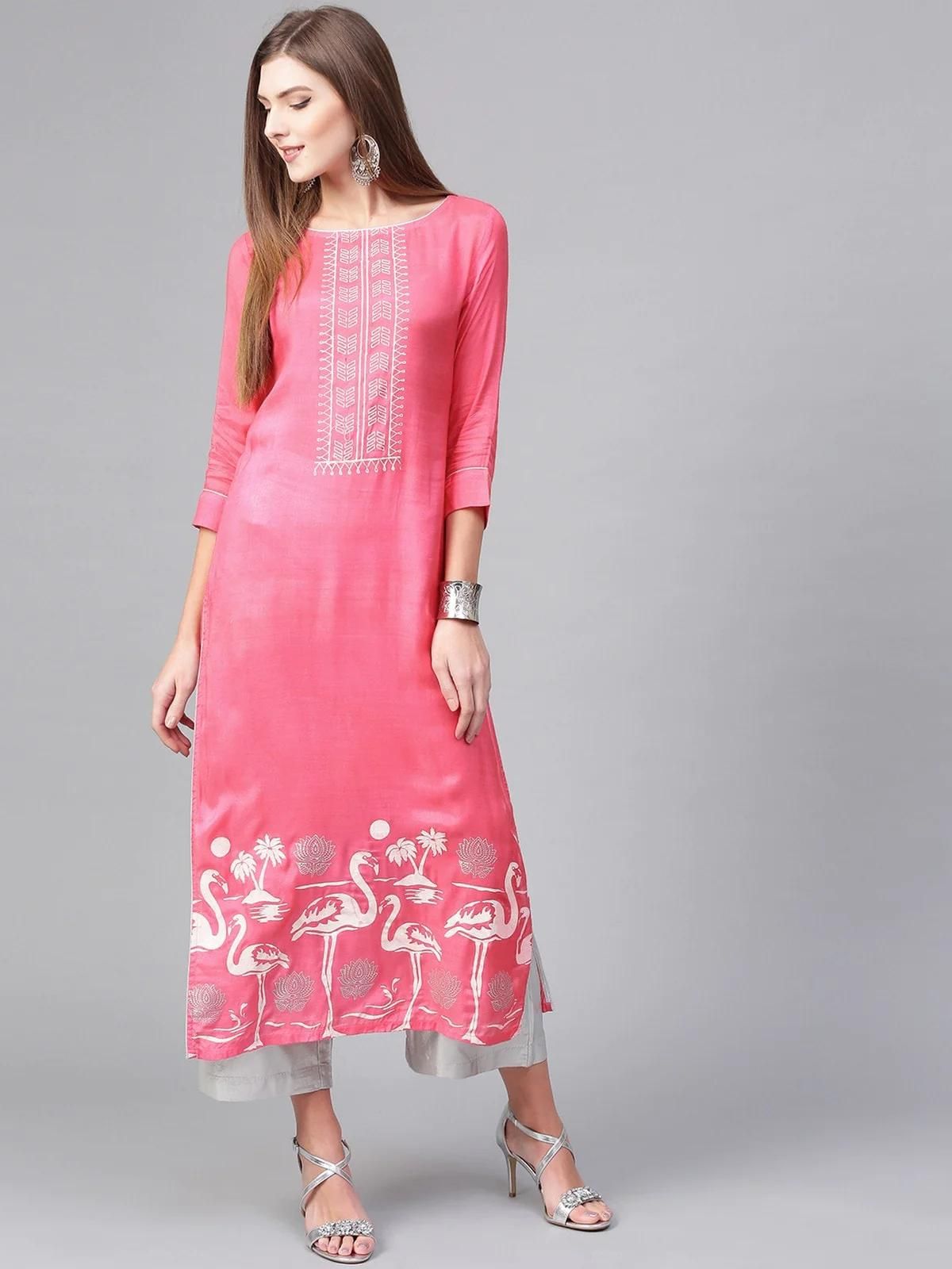 PANNKH Pink Lotus Inspired Swan Printed Kurta