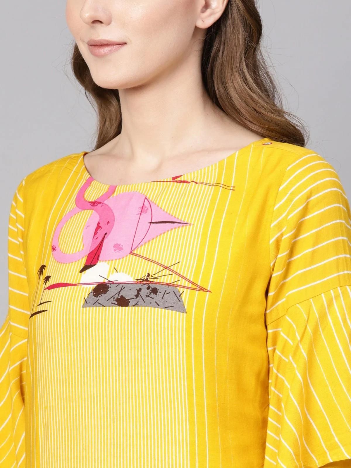 PANNKH Yellow Double Layered Flamingo Printed Kurta