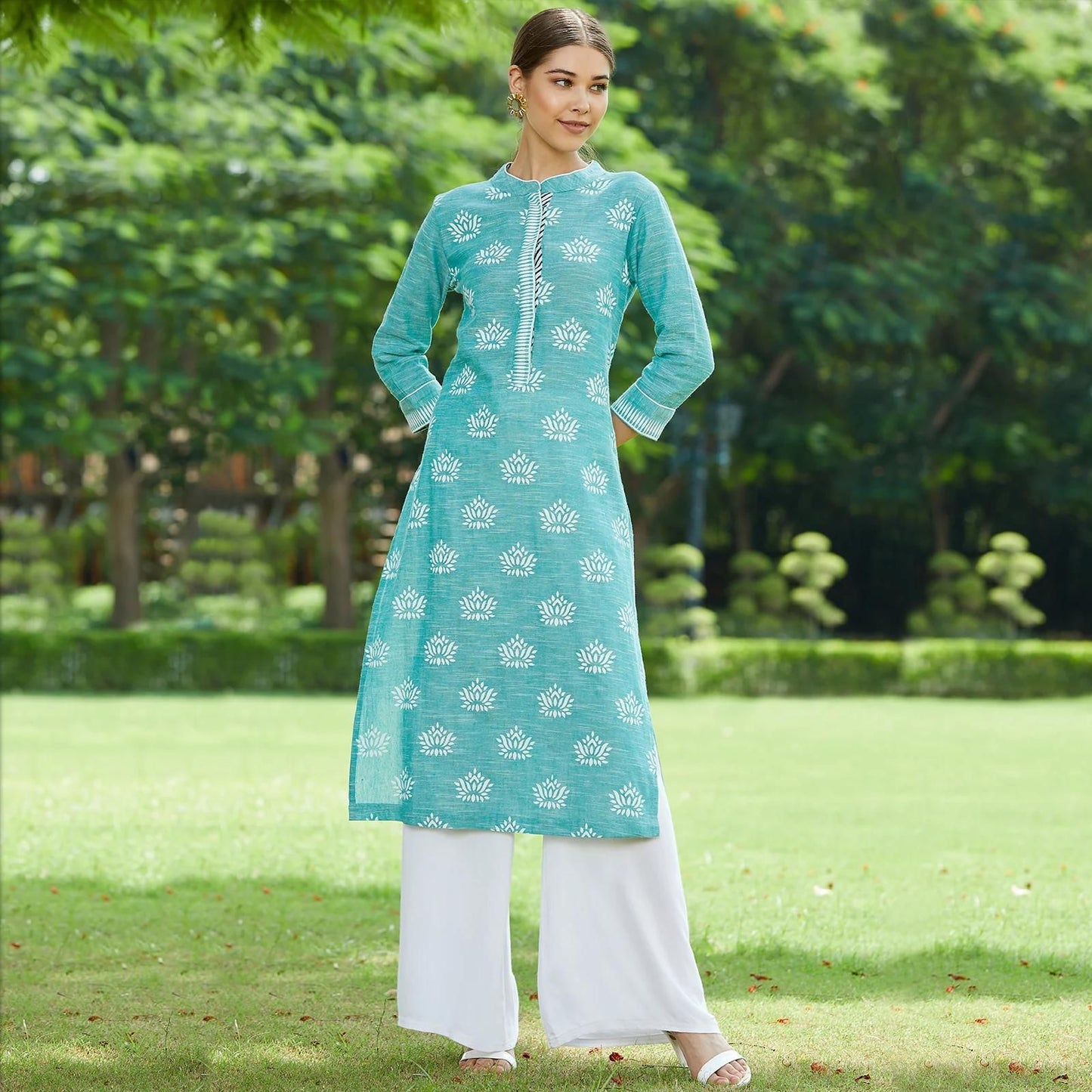 PANNKH Green Lotus Printed Chambray Kurta