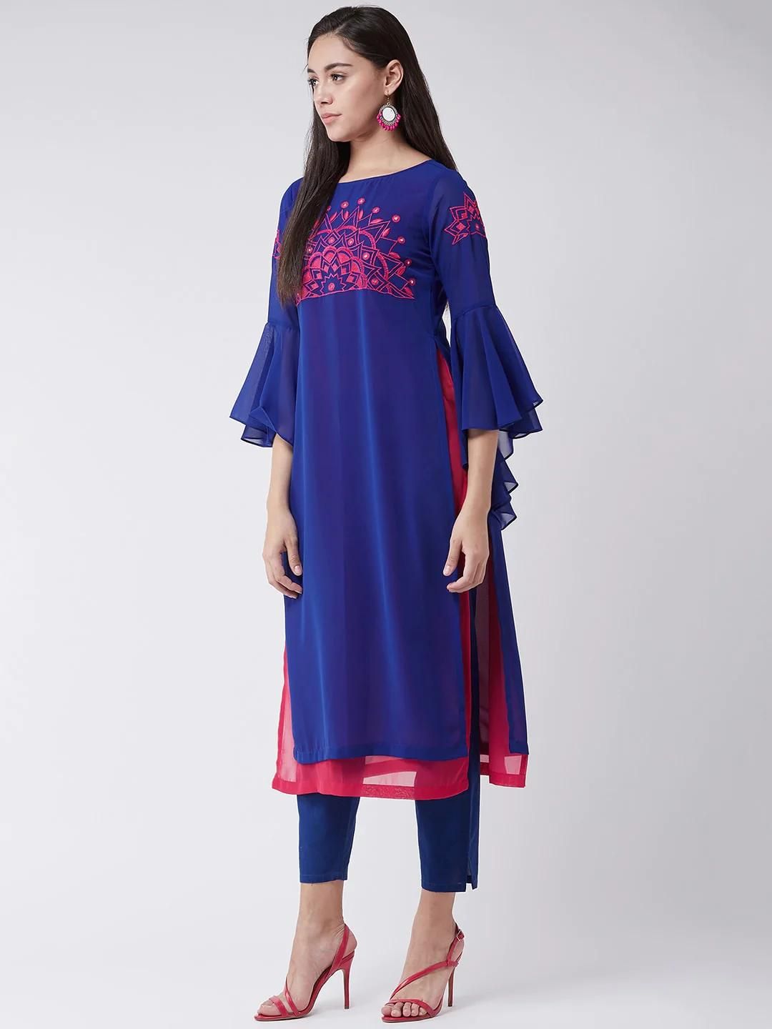 PANNKH Royal Blue Yoke Embroidered Layered Kurta With Bell Sleeves