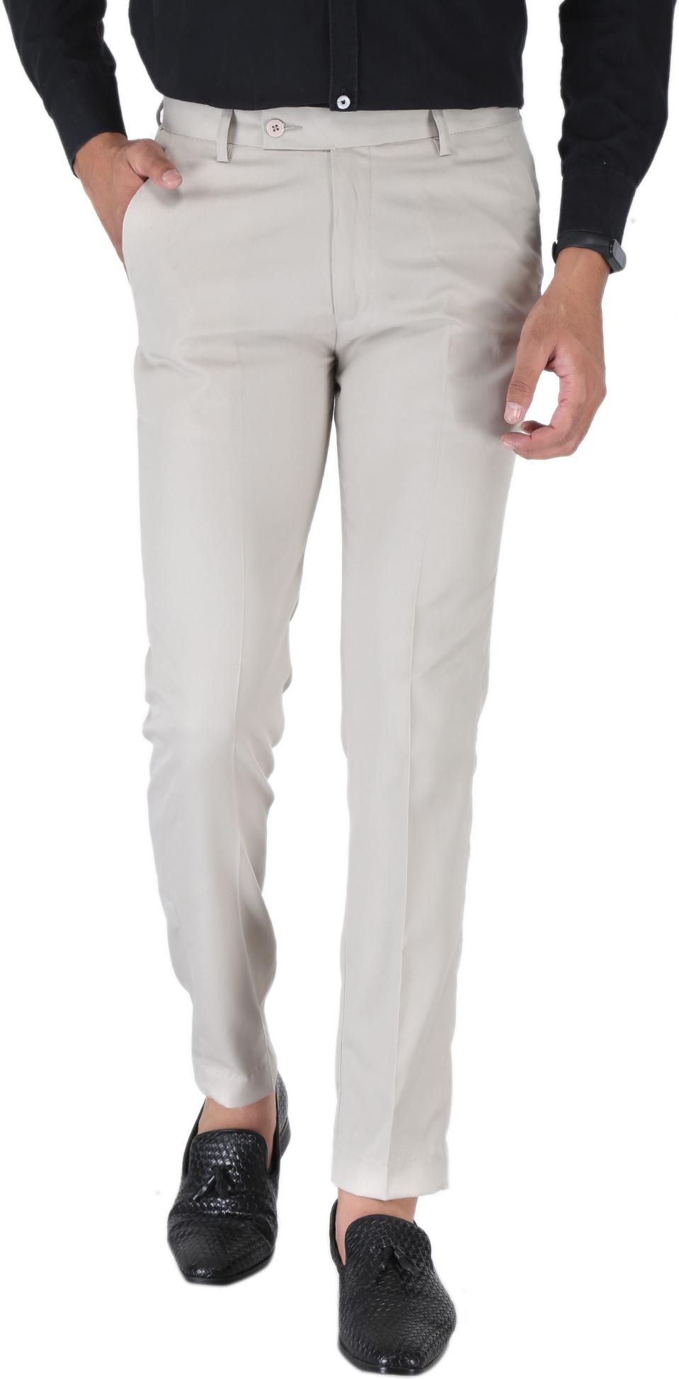 SREY Men Slim Fit Cream Polyester Blend Trousers