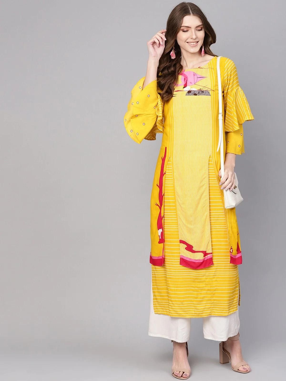 PANNKH Yellow Double Layered Flamingo Printed Kurta