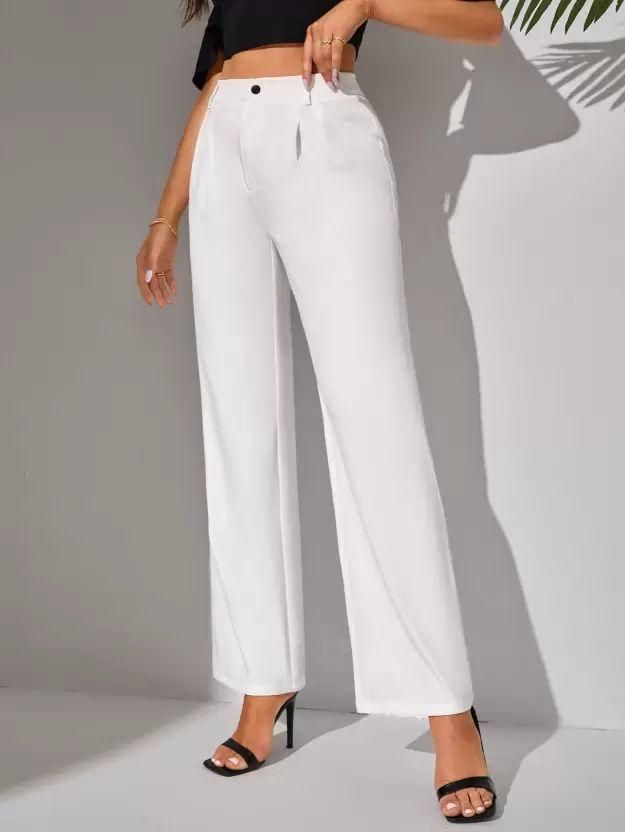 Elegant White Lycra Solid Trousers For Women's