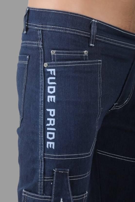 FUDE PRIDE Men's Slim Fit Mid Rise Printed Navy Blue Jeans