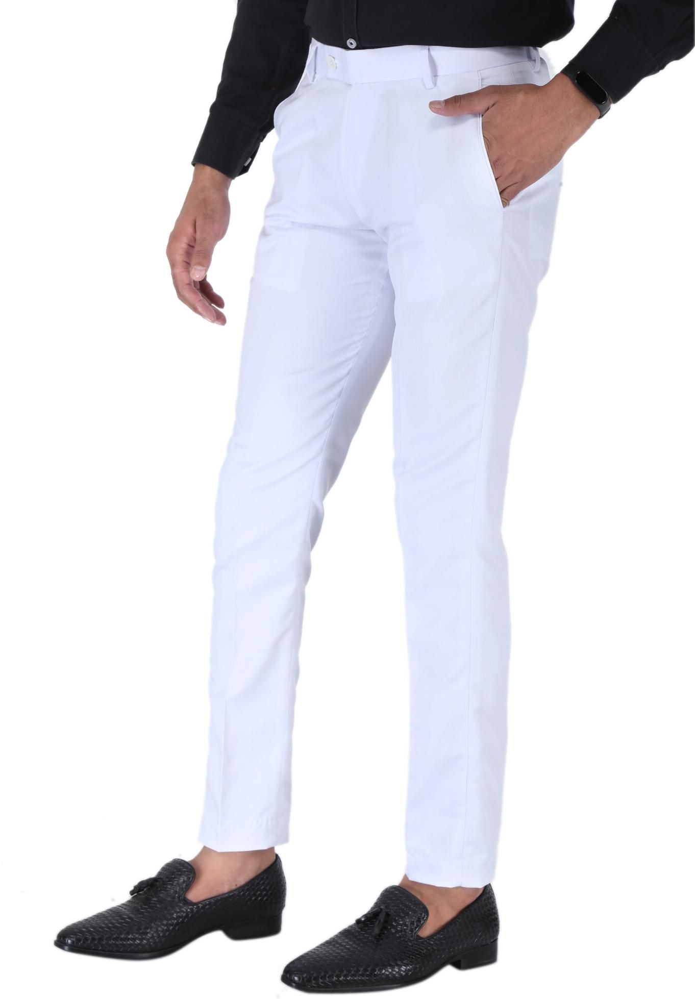 SREY Men Slim Fit White Ployester Blend Trousers