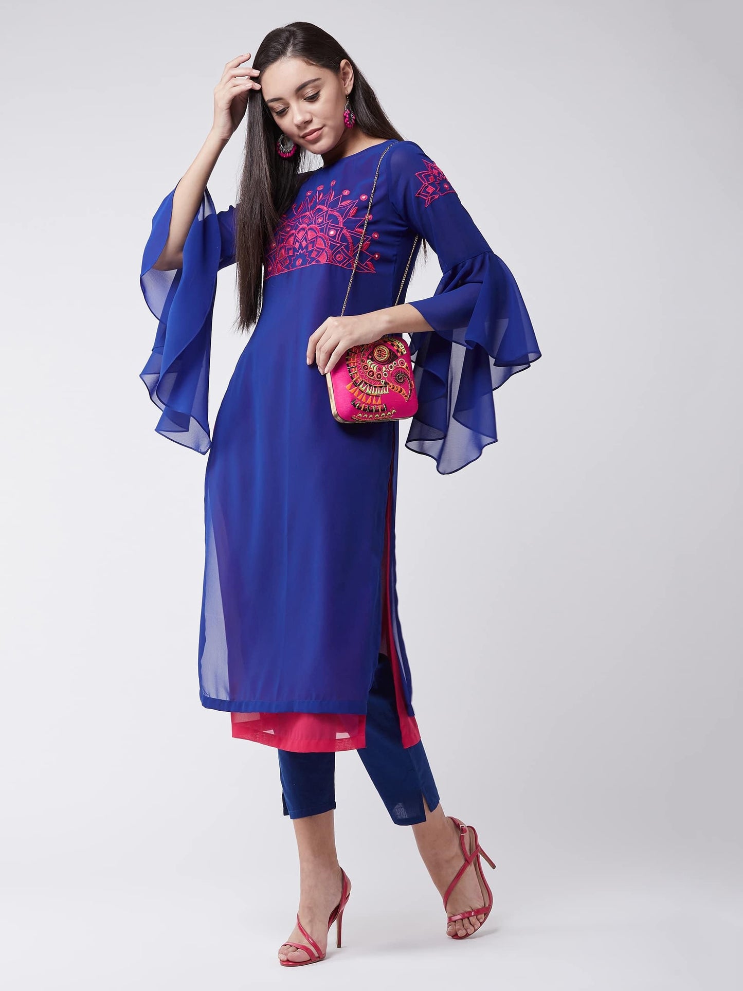 PANNKH Royal Blue Yoke Embroidered Layered Kurta With Bell Sleeves