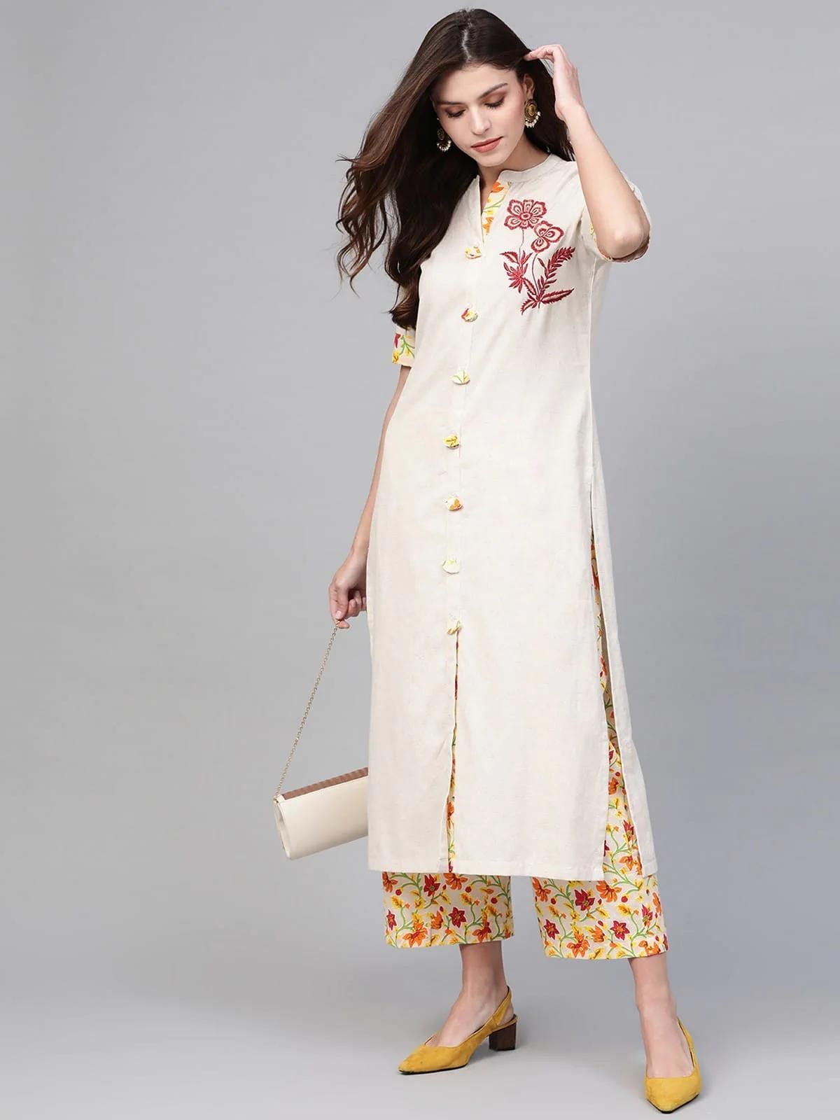 PANNKH Embroidered Beige Kurta With Palazzo Set