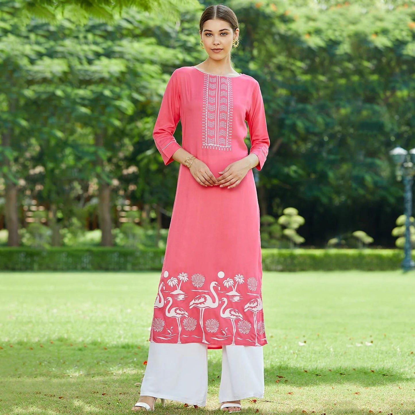 PANNKH Pink Lotus Inspired Swan Printed Kurta