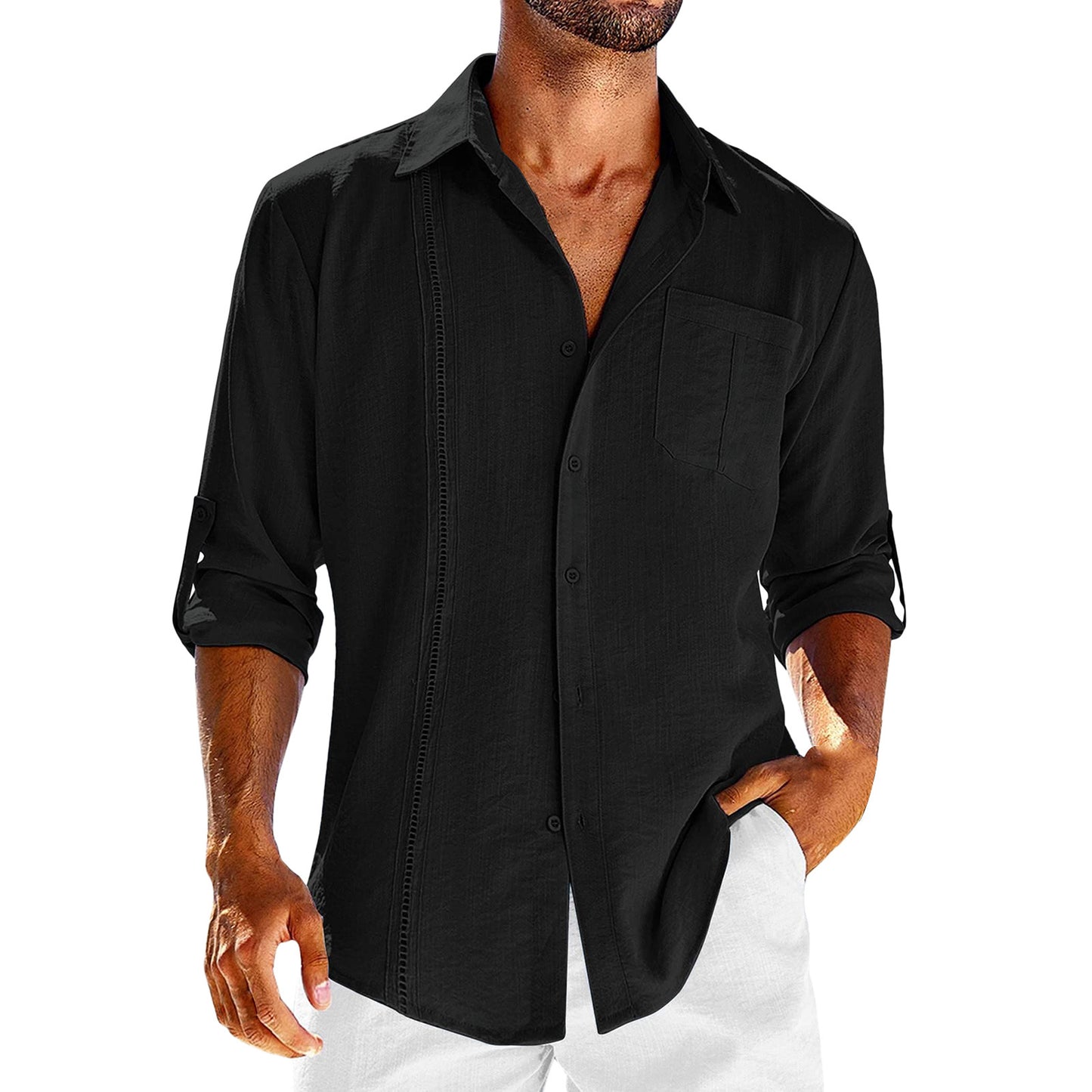 Casual  Long Sleeve Shirt With Pocket Lace Polo Collar Solid Color Button Mens Clothing