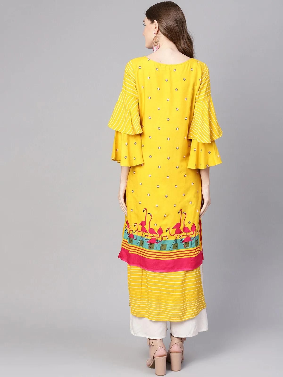 PANNKH Yellow Double Layered Flamingo Printed Kurta