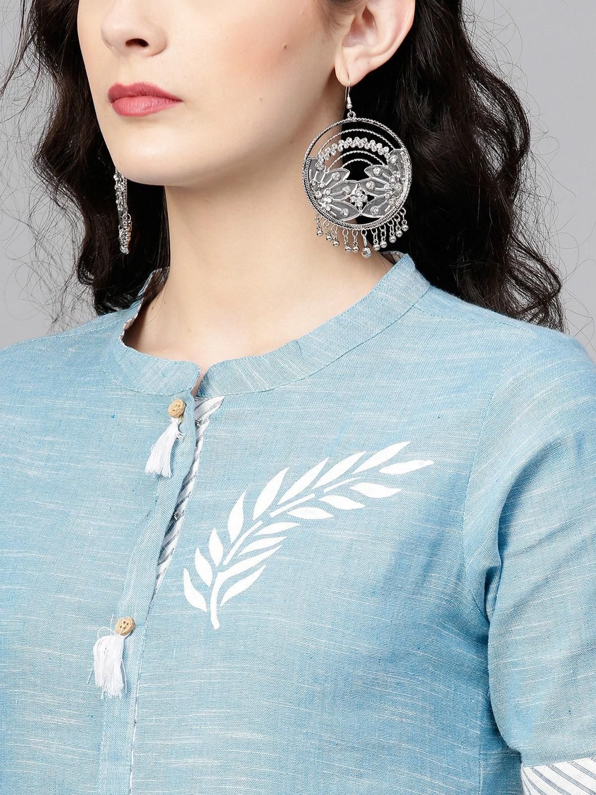 PANNKH Blue Front Tassel Printed Chambray Kurta