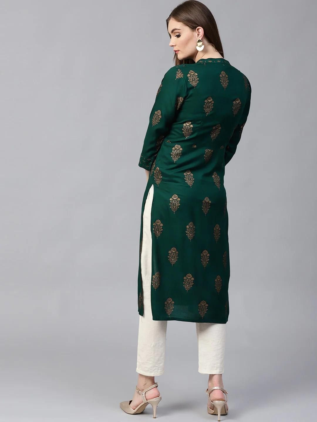 PANNKH Green Golden Print Straight Kurta