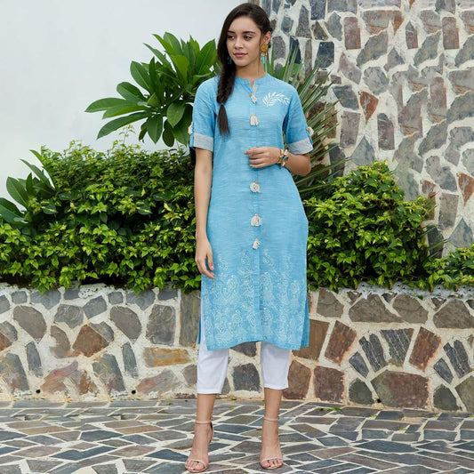 PANNKH Blue Front Tassel Printed Chambray Kurta