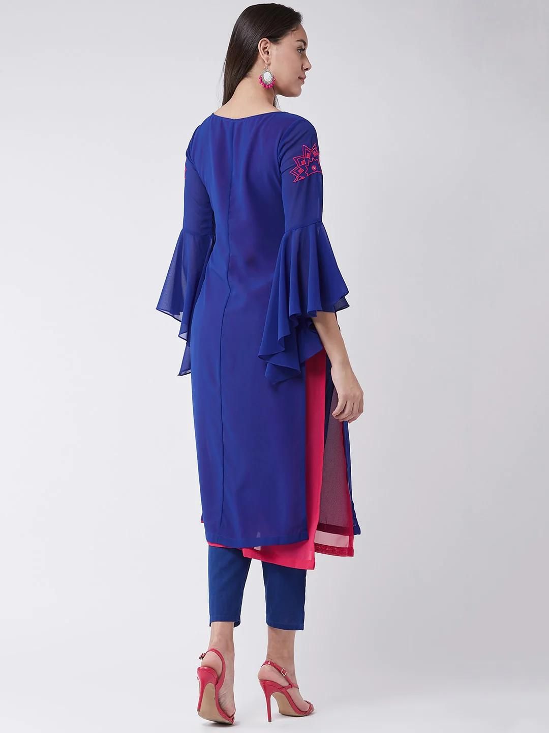 PANNKH Royal Blue Yoke Embroidered Layered Kurta With Bell Sleeves