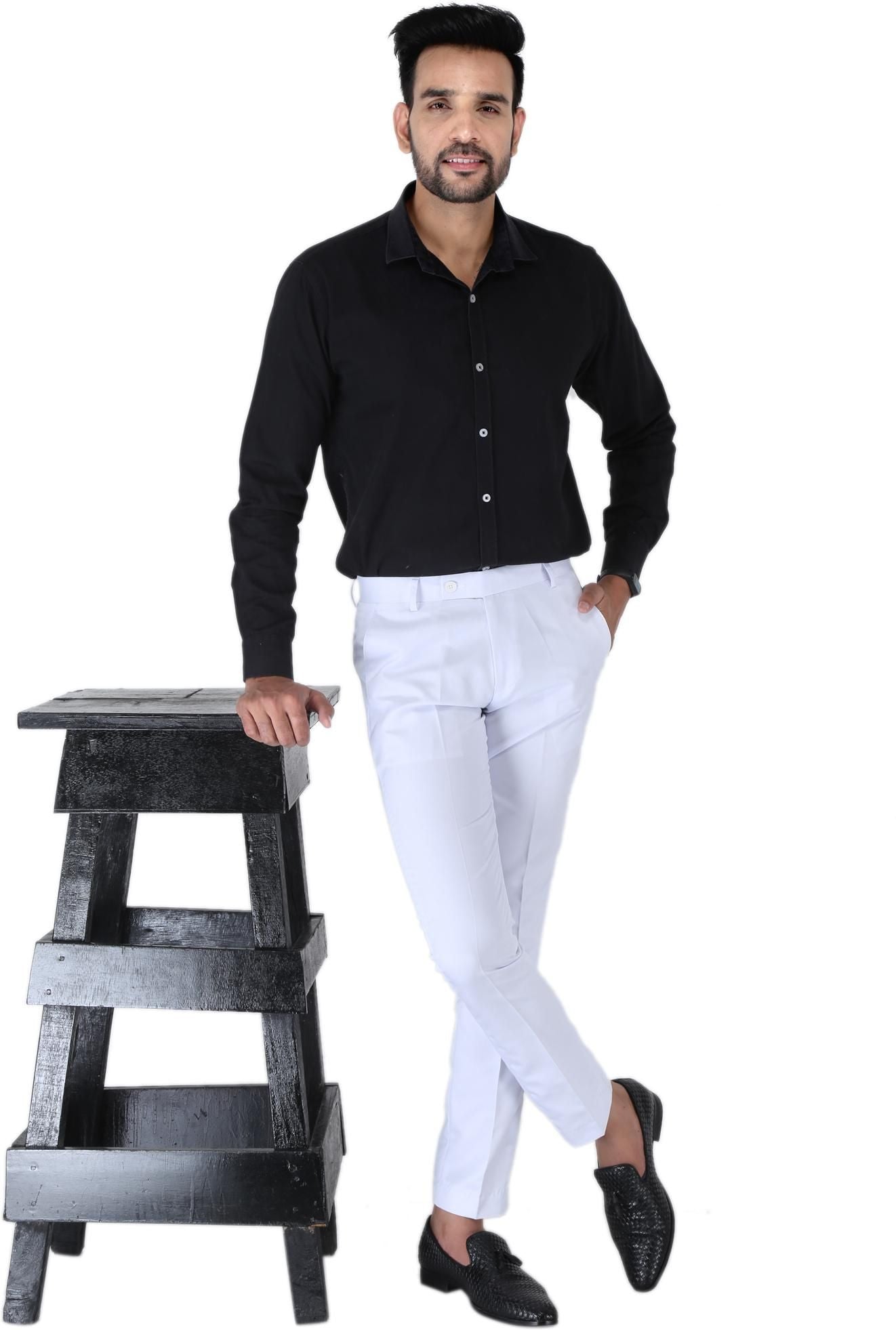 SREY Men Slim Fit White Ployester Blend Trousers