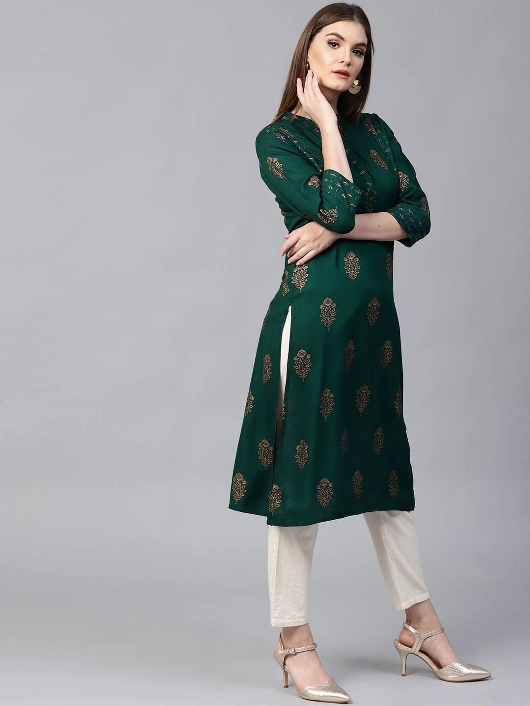 PANNKH Green Golden Print Straight Kurta