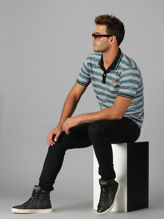 cotton Stripes Full Sleeves Mens Polo T-Shirt