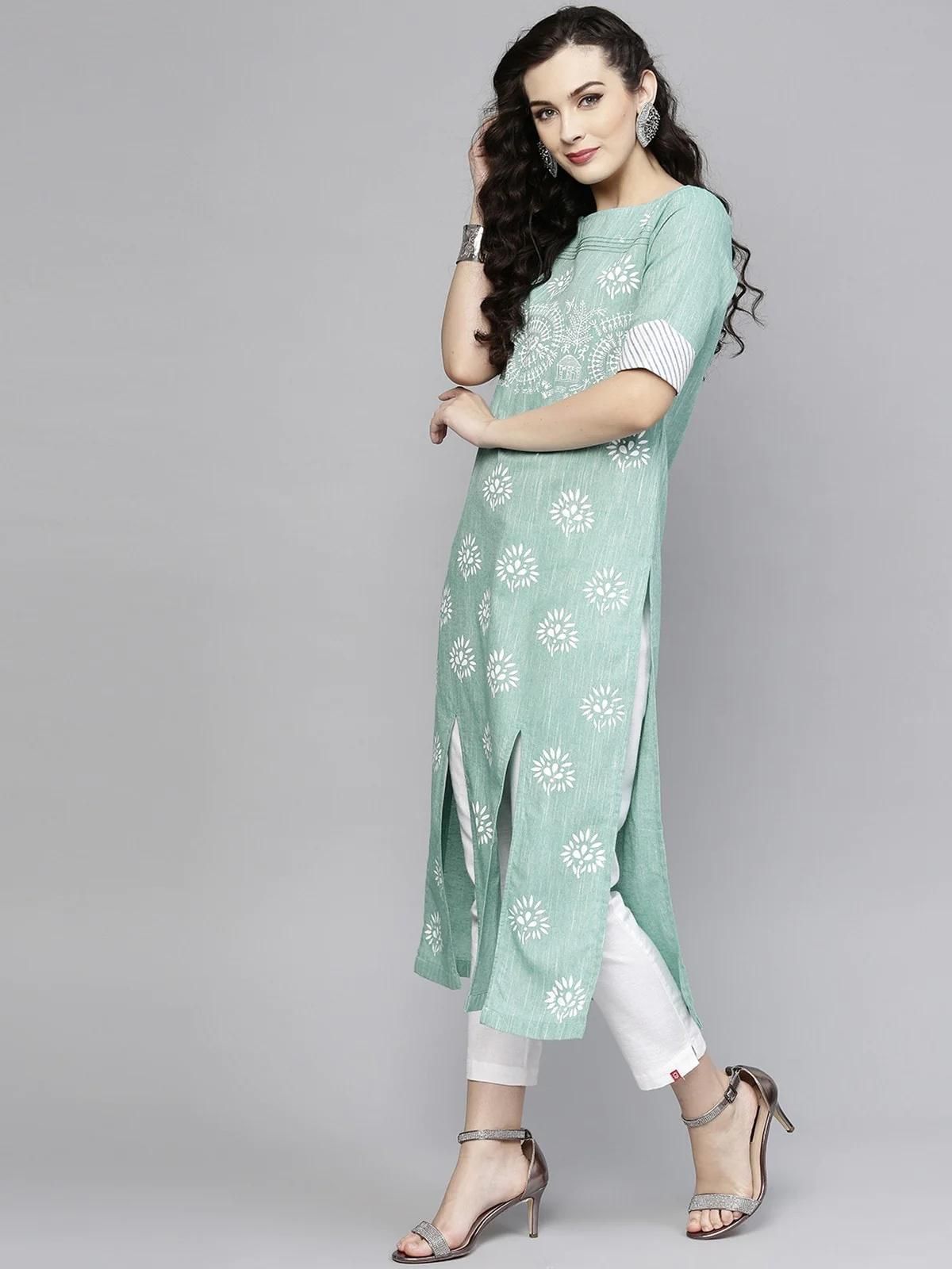 PANNKH Green Pintucks Printed Chambray Kurta