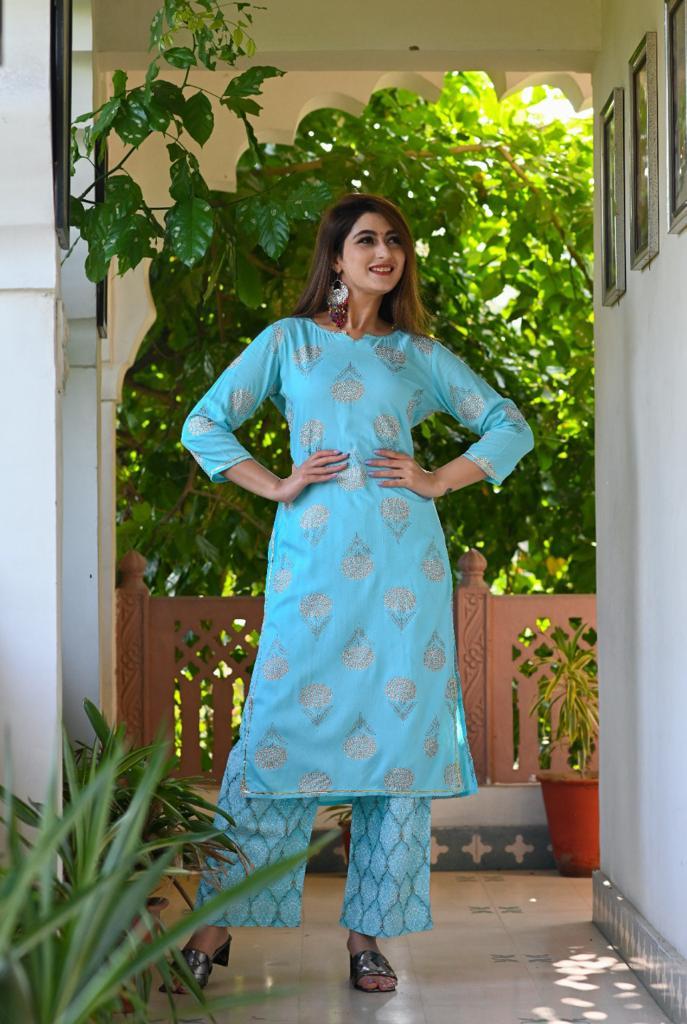 Latest Printed Rayon Kurti Palazzo Set