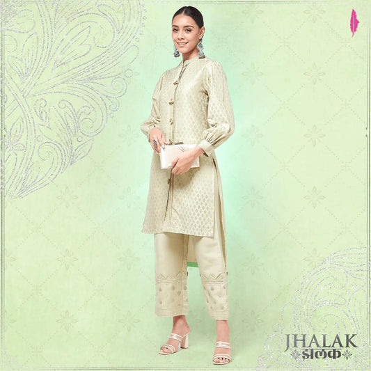 PANNKH Pista Festive Foil Printed Shirt Style Kurta With High-Low Hemline