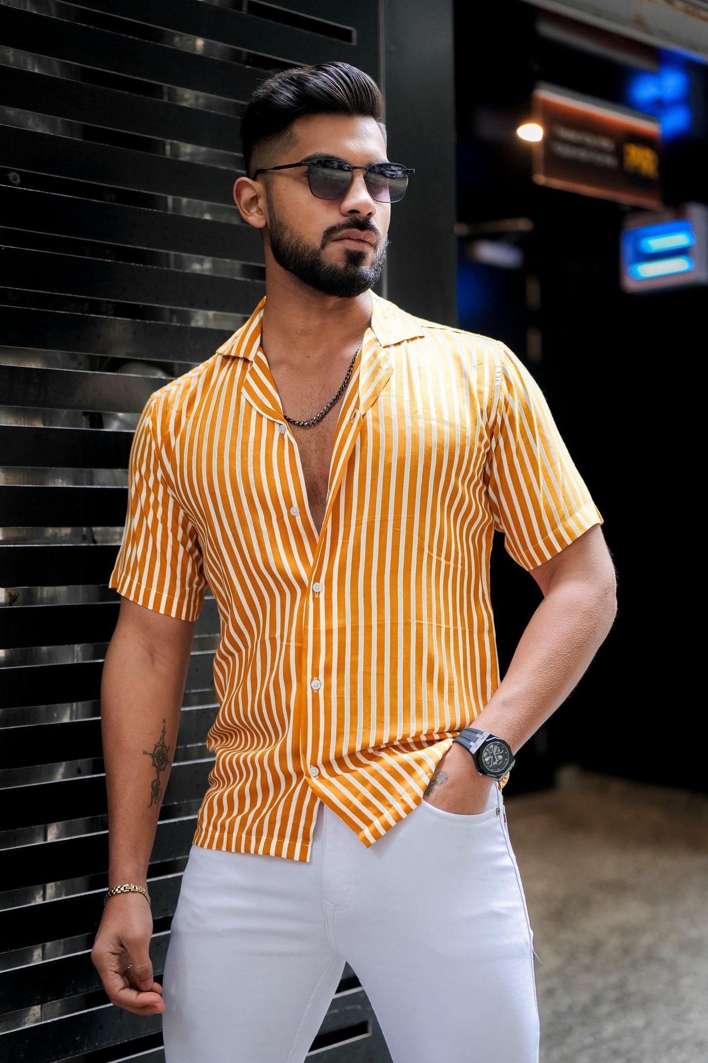 ROYAL TAIL Men's Stripe Print Rayon Cuban Collar Casual Shirt Mustard