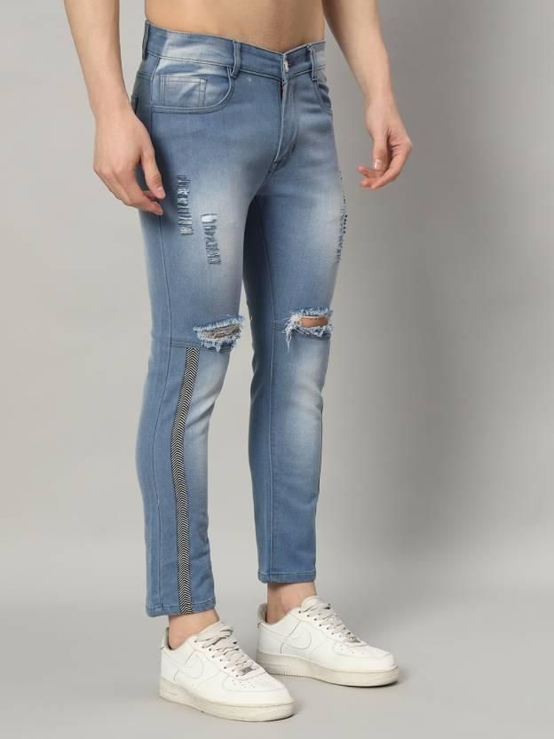 FUDE PRIDE Men's Slim Fit Mid Rise Distressed Blue Jeans