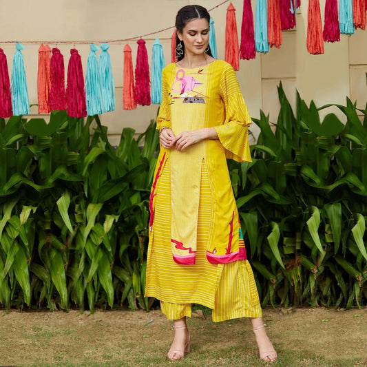 PANNKH Yellow Double Layered Flamingo Printed Kurta