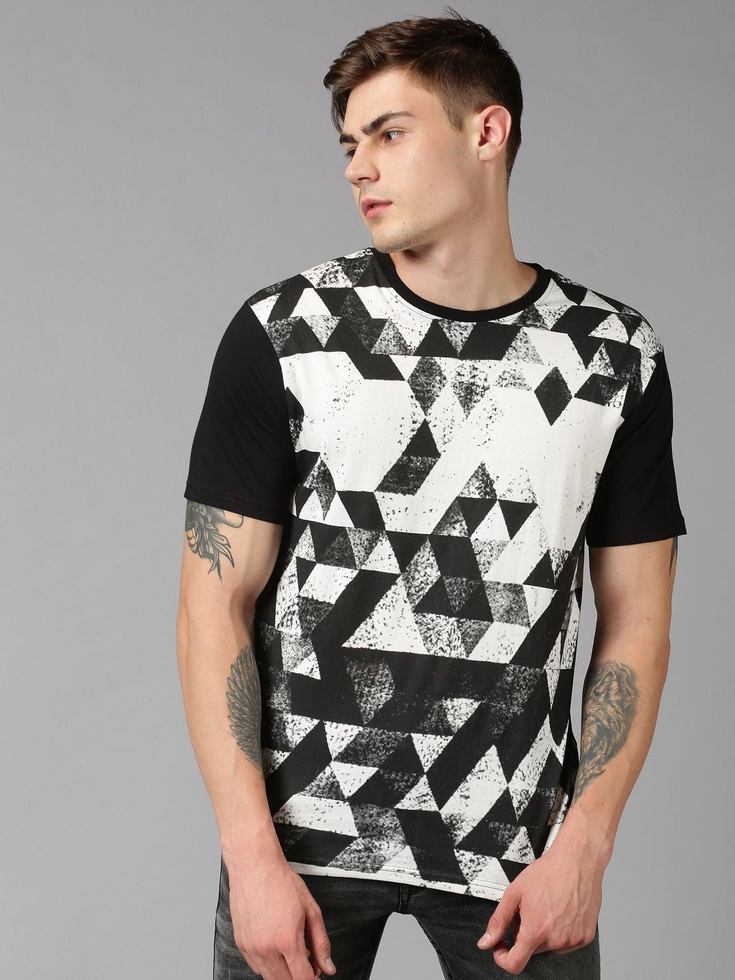 UrGear Cotton Geometric Print Half Sleeves Round Neck Mens T-Shirt