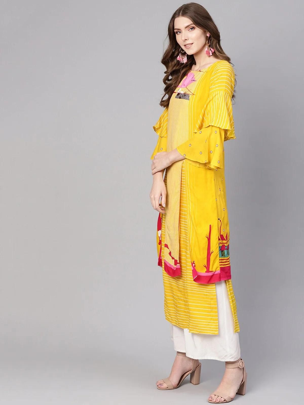 PANNKH Yellow Double Layered Flamingo Printed Kurta