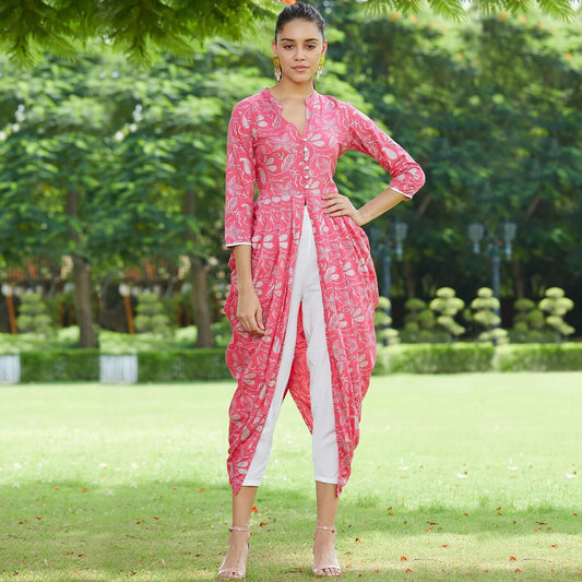 PANNKH Pink Foil Printed Cowl Kurta